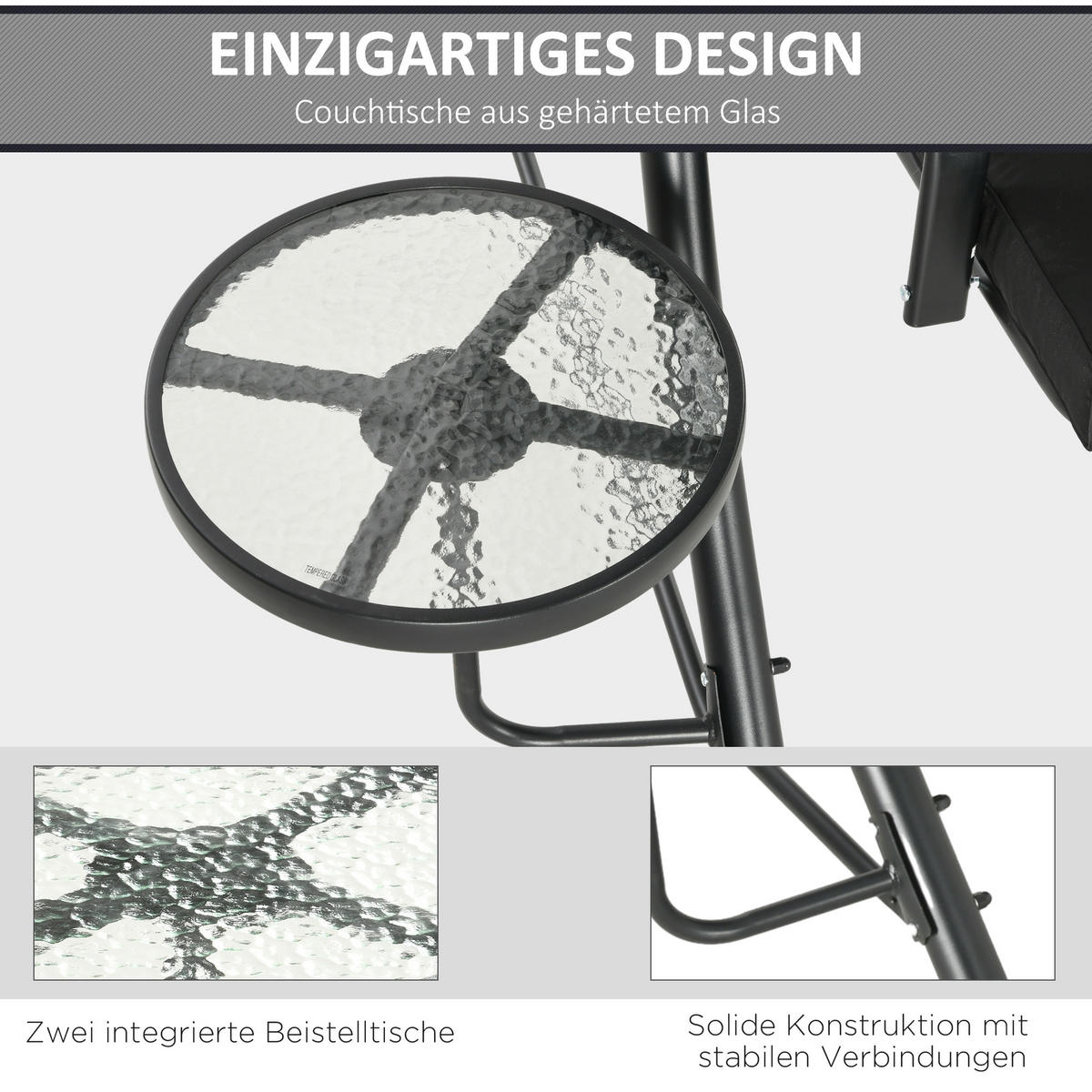 HOLLYWOODSCHAUKEL mit Couchtische 3-Sitzer Gartenschaukel mit Sonnendach Schwarz - Schwarz, Metall (135/177/278cm) - Outsunny
