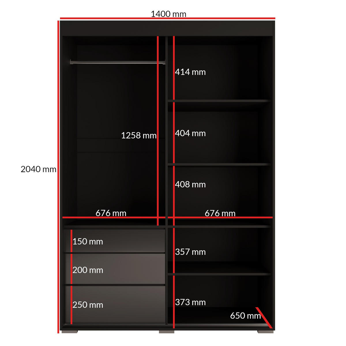 SCHIEBETÜRENSCHRANK mit Schubladen und Spiegel Torino 2D1L 140 Schwarz (Lacobel) - Silberfarben/Schwarz, Holzwerkstoff/Metall (140/204/65cm) - mzm24