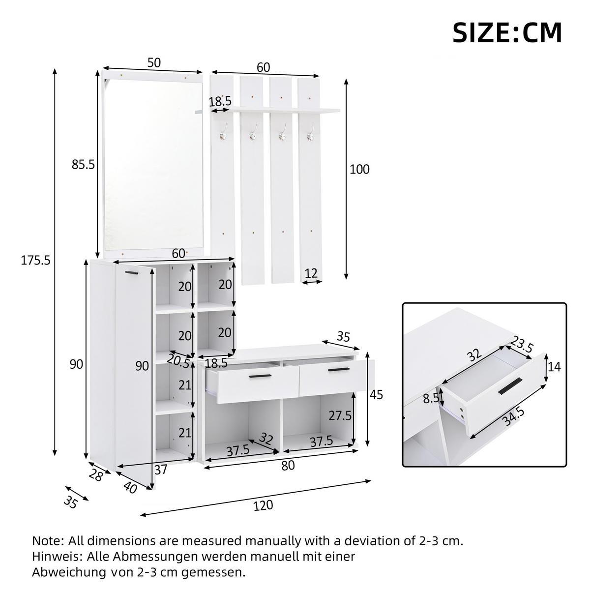KOMPAKTGARDEROBE Spiegel Schuhschrank 2 Schubladen Weiß - Weiß, Holzwerkstoff (120/175.5/35cm) - FLIEKS