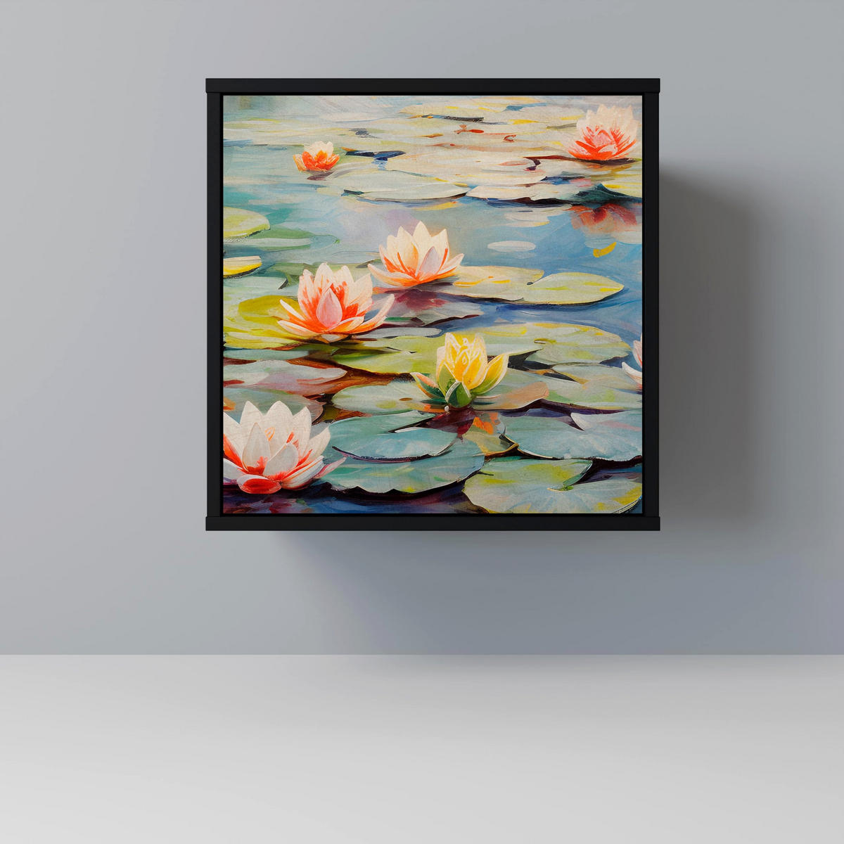 SIDEBOARD BLOOMING WATERS, Schwarz, 57,5x42x70,5 cm, Schwarze Metall-Sternfüße - Multicolor/Schwarz, Holzwerkstoff/Metall (57.5/70.5/42cm) - SpaceRebels