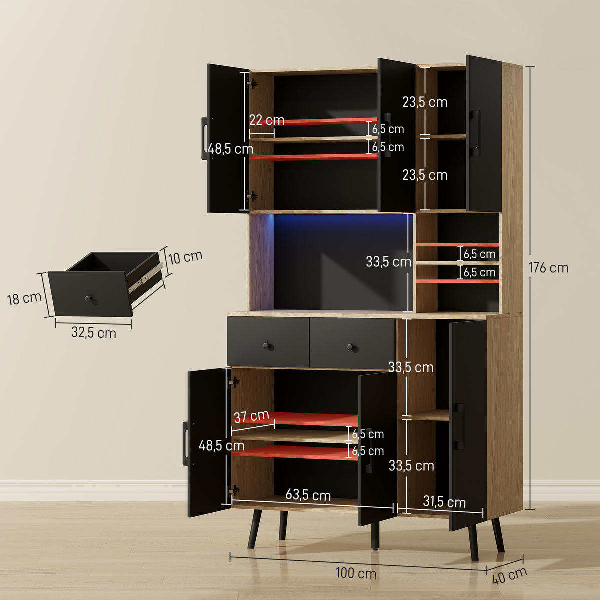 KÜCHENSCHRANK Schwarz und Eiche-Nachbildung, RGB-LED, 100/40/176 cm - Eichefarben, Holzwerkstoff (100/176/40cm) - PANGIVO