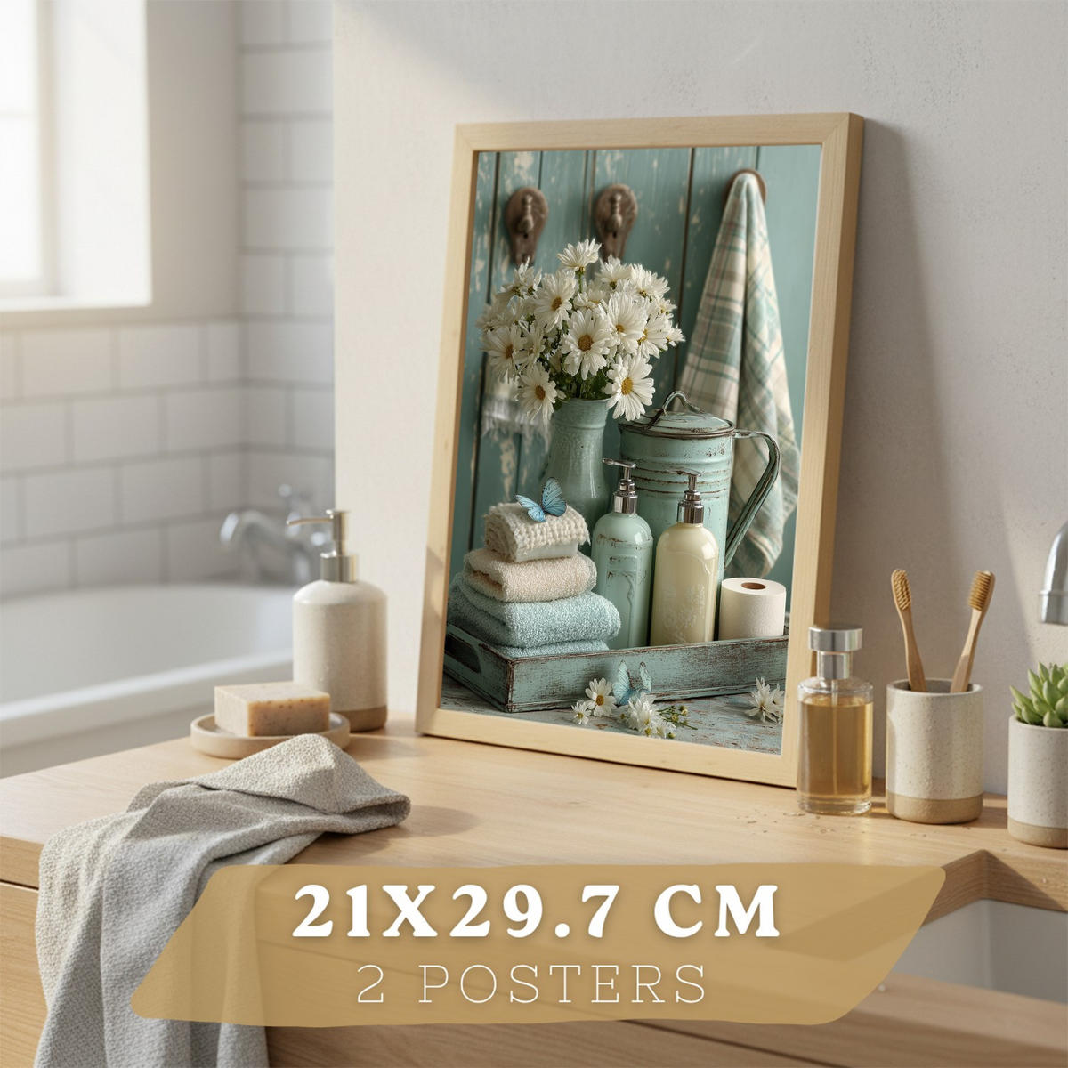 PLAKÁT Sada 2 dekorativních koupelnových tisků, květinové v shabby chic Světlý dřevěný rám A4 - béžová, papír (29.7/21/3cm) - Nacnic