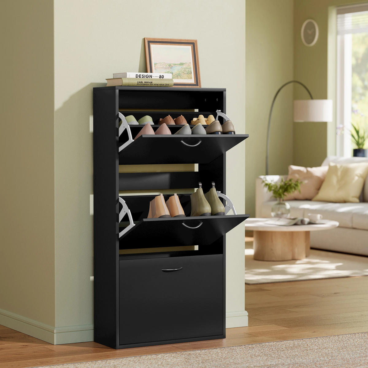 SCHUHKIPPER 3-stufiger, 118 x 58 x 23cm Schwarz - Schwarz, Holzwerkstoff (58/118/23cm) - Kaket