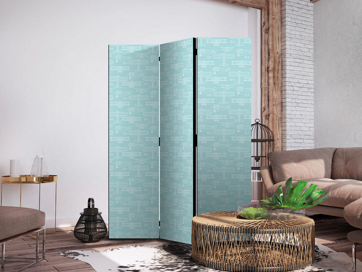 PARAVENT Einseitig Bedruckter 3-tlg 135x172 cm Kleinflugzeuge - Blau, Holz/Textil (135/172/3cm) - Muralo