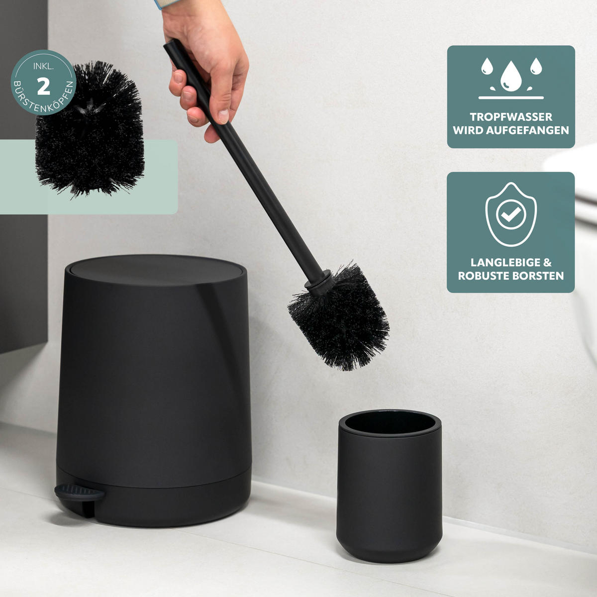 BAD-ACCESSOIRES-SET TESERO, Soft-Touch, schwarz - Schwarz, Kunststoff (22.5/25.5/25cm) - eluno