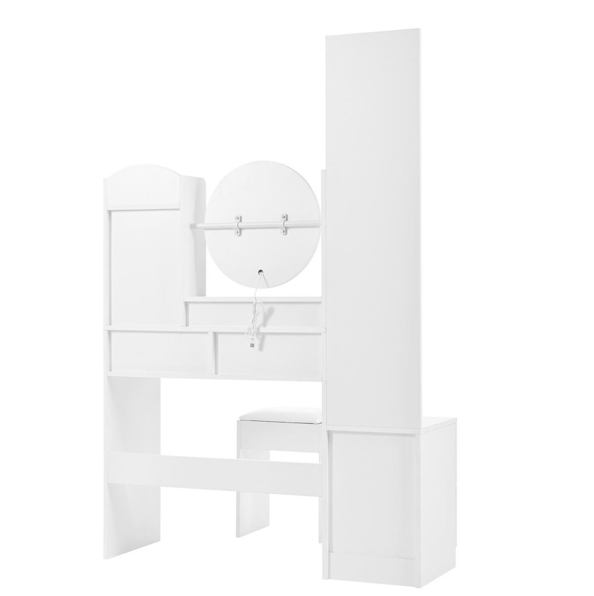 SCHMINKTISCH aus Spanplatte 109x36x164 cm Weiß mit LED-Beleuchtung, Ganzkörperspiegel, drehbarem Spiegel und Hocker - Weiß, Holzwerkstoff (109/164/36cm) - Modfu
