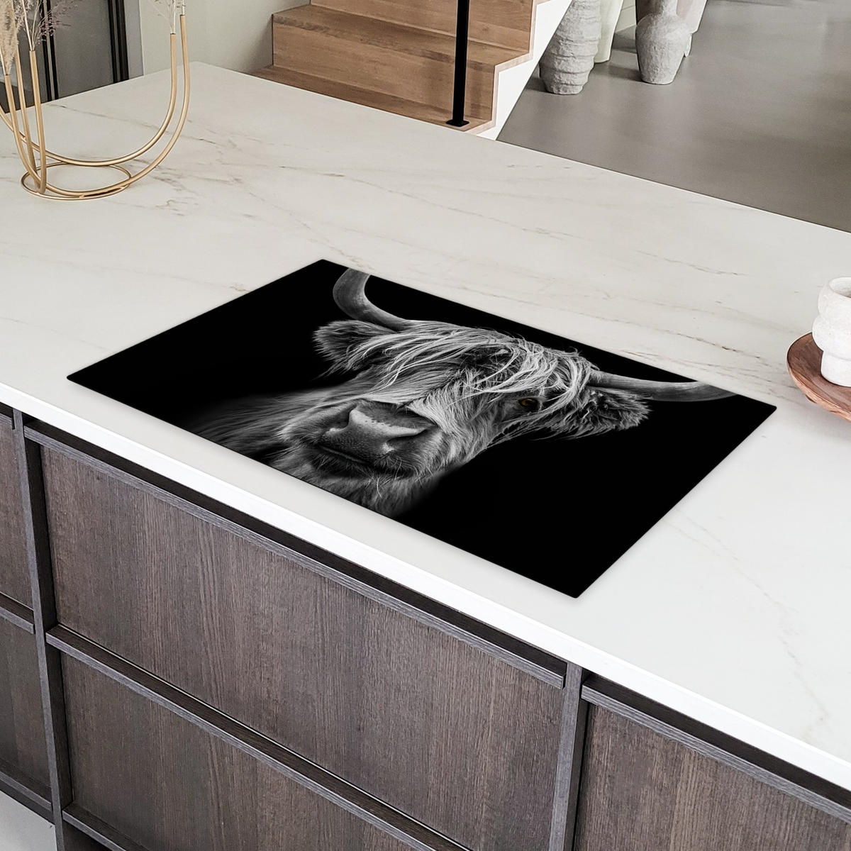 HERDABDECKPLATTE Schottischer Highlander - Hörner - Schwarz - Weiß - Kuh - Wild - Tiere Ceranfeldabdeckung 90x52 cm - Schwarz, Kunststoff (90/52/0.2cm) - MuchoWow