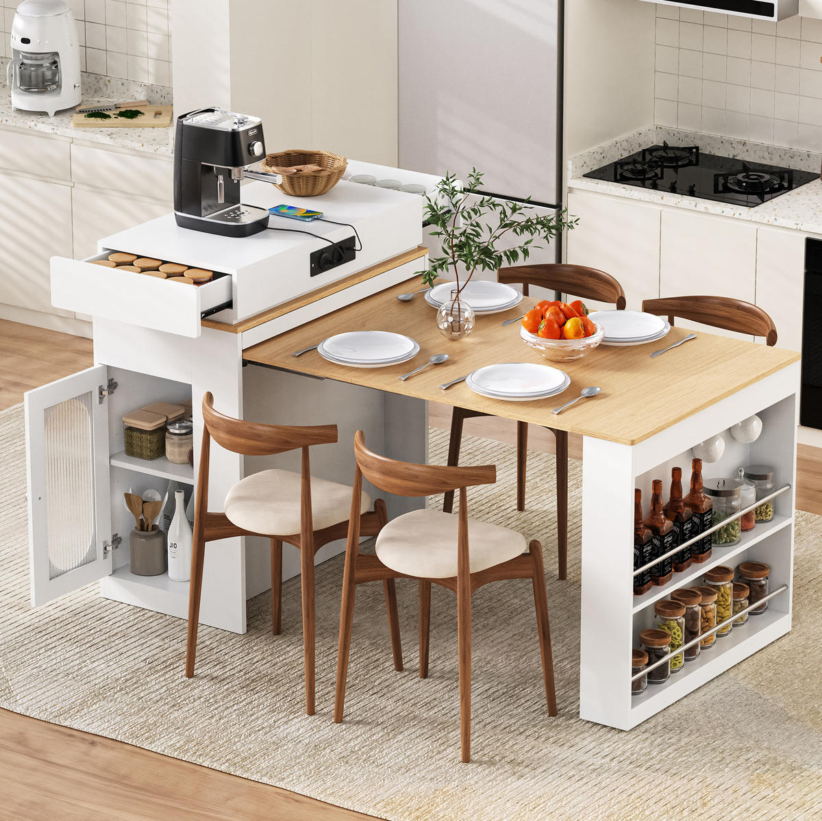 KÜCHENINSEL 83/96/46-146,5 cm Weiß aus MDF und Glas mit ausziehbarer Tischplatte - Weiß, Holzwerkstoff (46/96/83cm) - OKMYHOME