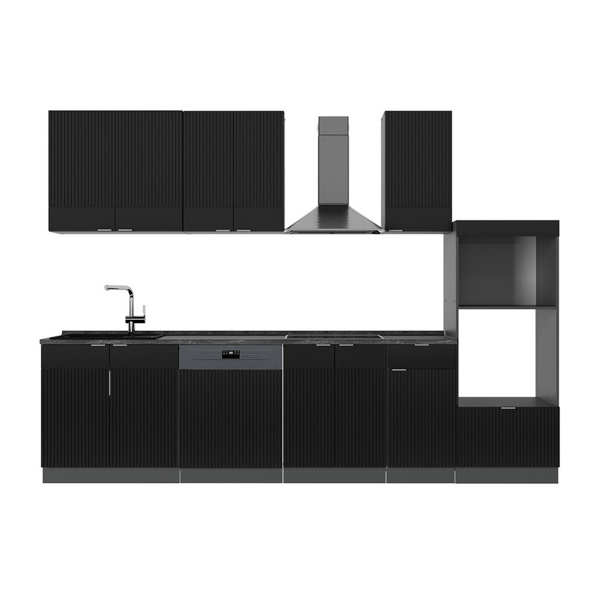 KÜCHENZEILE Fame-Line, Schwarz gestreift/Anthrazit, 300 cm mit Hochschrank, AP Anthrazit - Anthrazit/Schwarz, Holzwerkstoff (300/81.6/60cm) - Vicco