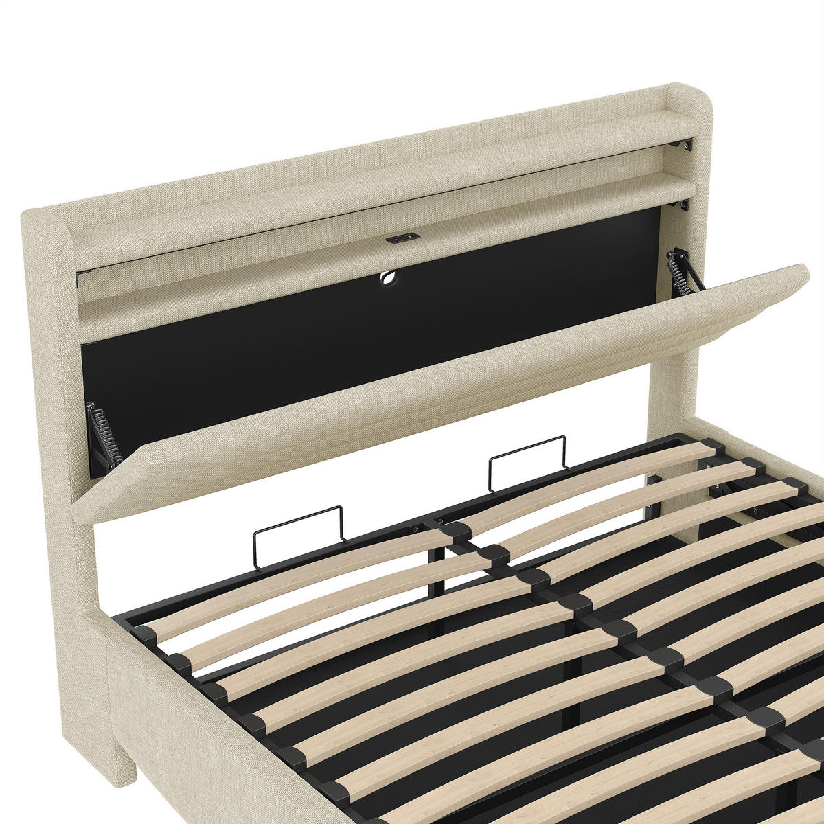 POLSTERBETT 140x200cm Beige LED Hydraulik USB Leinen - Beige, Holz (140/200cm) - FLIEKS