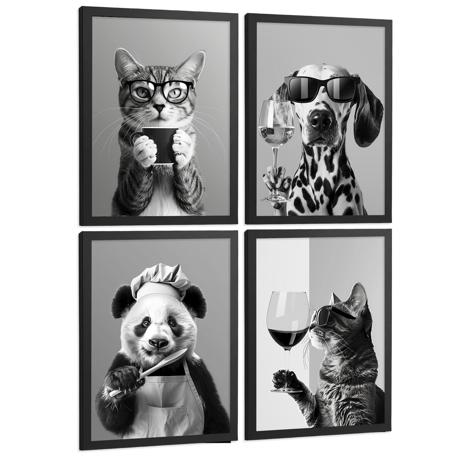 Nacnic PLAKAT Sada 4 Byn Animals A4 Černý rám