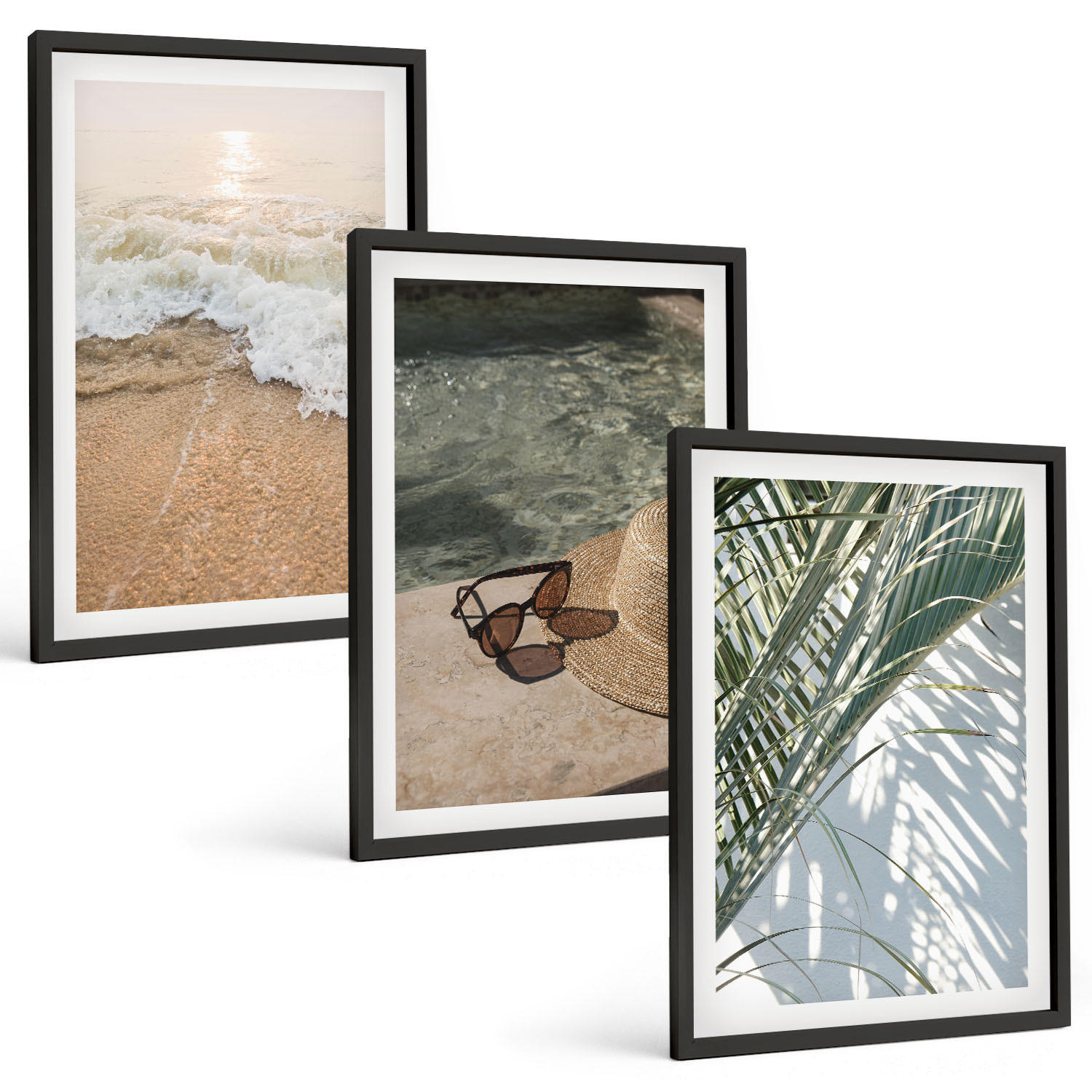 BILDER SET 3er Set - 40x60 cm Schwarzer Rahmen - Strandhut und Sonnenbrille - Schwarz, Kunststoff (40/60cm) - TULUP