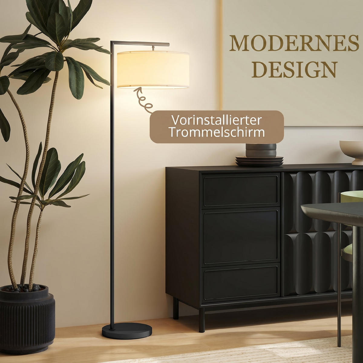 STEHLAMPE Eisen Leinenstoff Schwarz+weiß - Schwarz, Metall (47/37/153cm) - HOMCOM