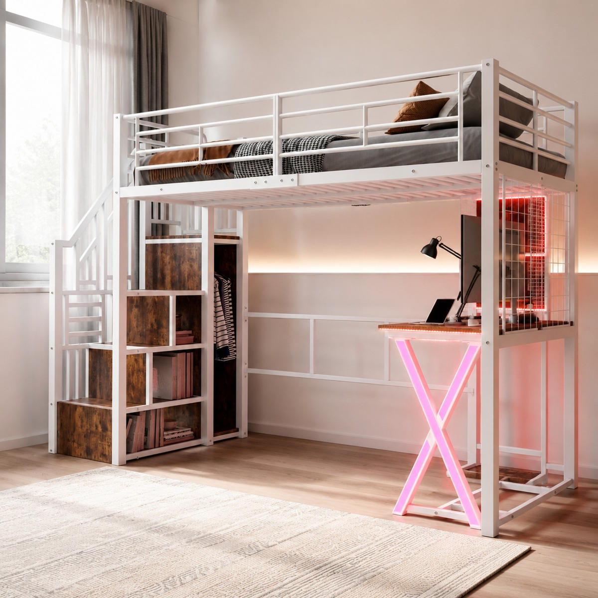 HOCHBETT 90/200 mit LED, Schreibtisch und Kleiderschrank in Weiß - Weiß, Holz/Holzwerkstoff (90/200cm) - EVRYAE