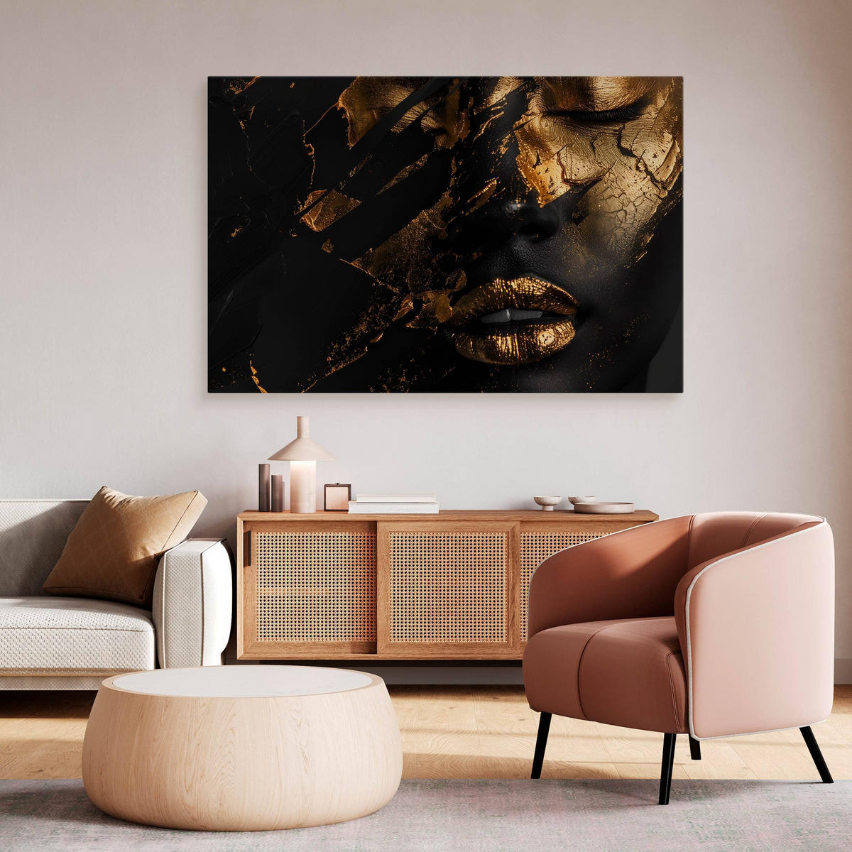 LEINWANDBILD für Wohnzimmer abstraktes Porträt Frau Glamour 90cm x 60cm - Beige/Schwarz, Textil (90/60cm) - Muralo