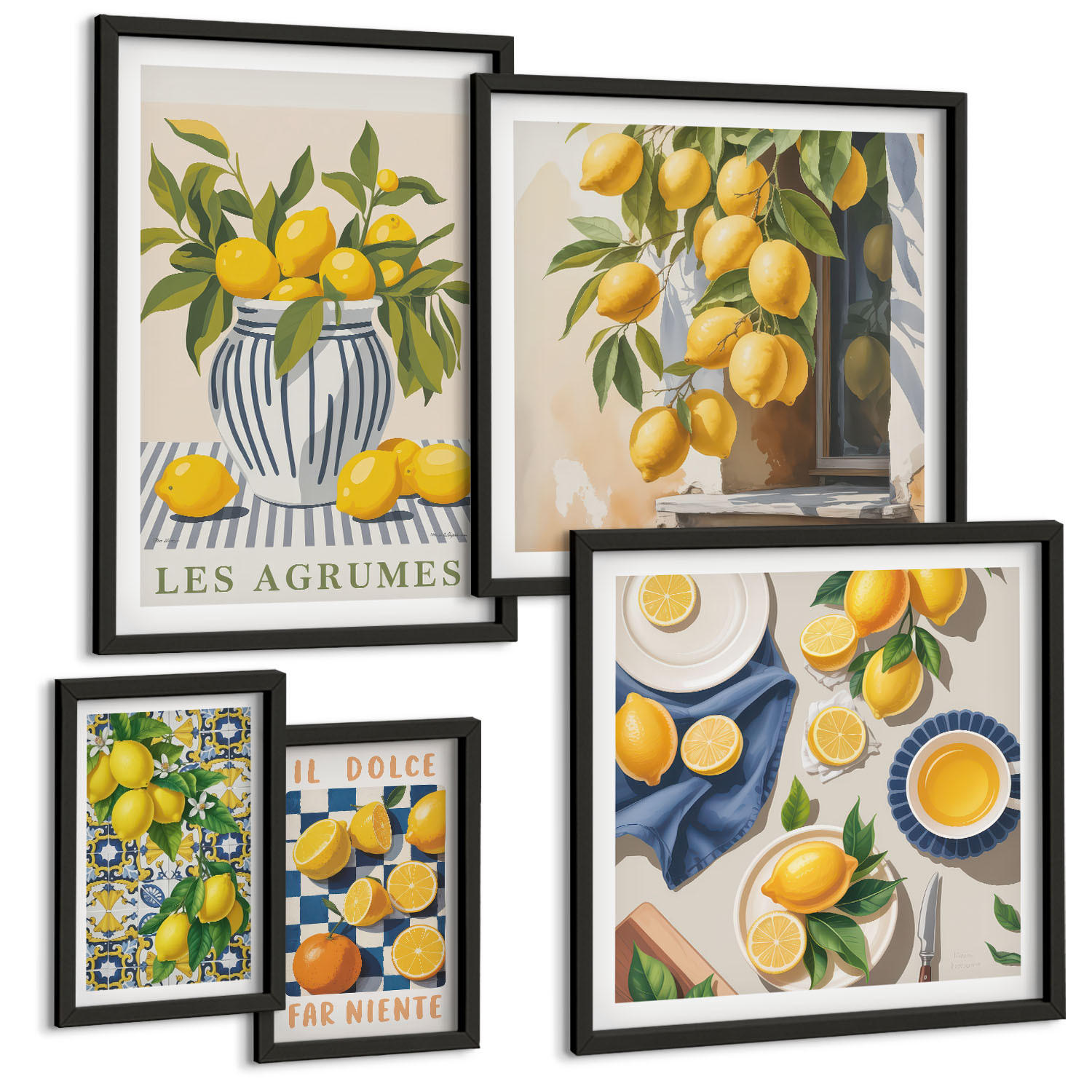 BILDER SET 5er Set - 50x50 cm & 20x30 cm & 40x60 cm Schwarzer Rahmen - Rustikale Cocktails mit Olivenblüten - Schwarz, Kunststoff (40/60cm) - TULUP