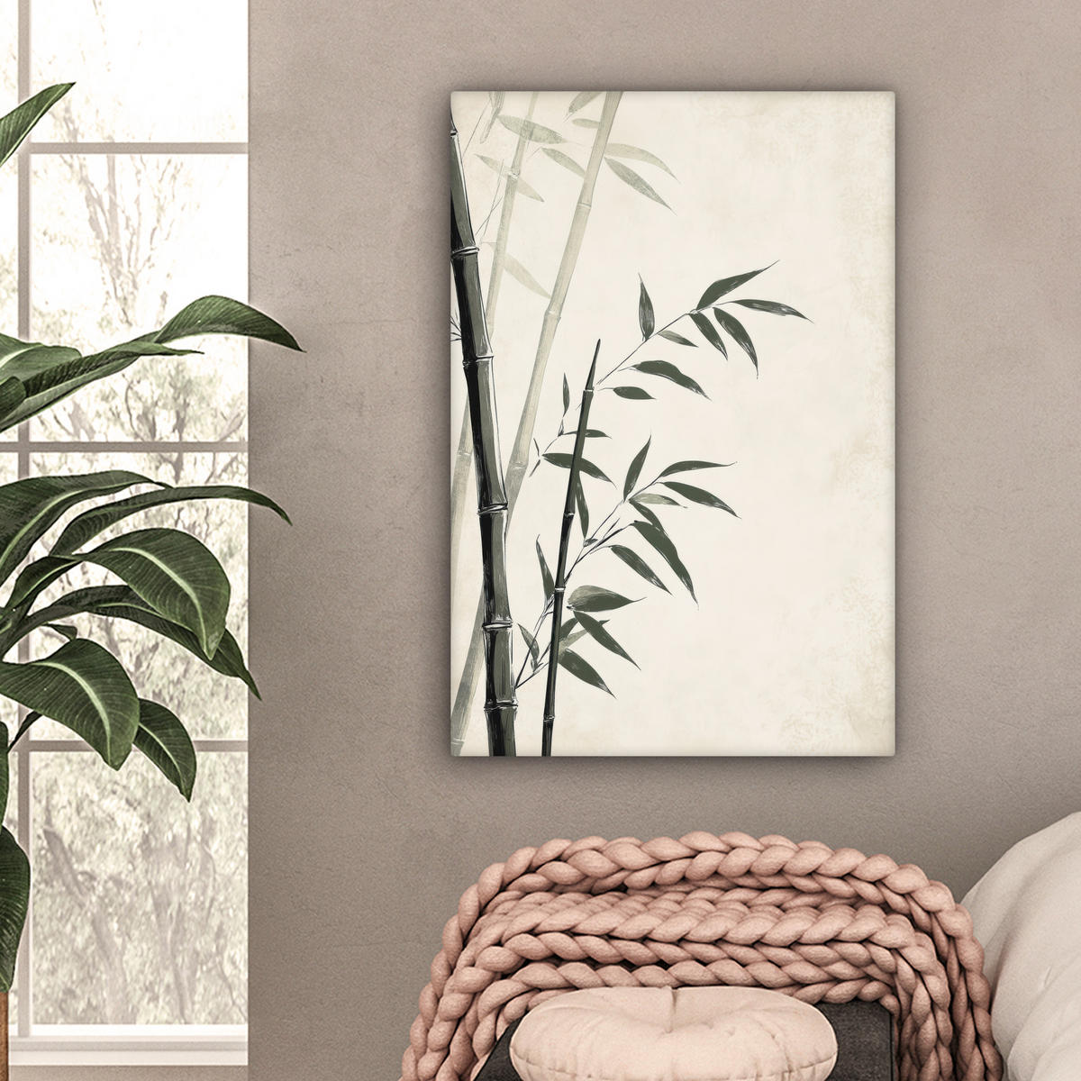 LEINWANDBILD Japandi - Bambus - Beige Wanddeko 40x60 cm - Eukalyptusholzfarben, Textil (40/60cm) - MuchoWow