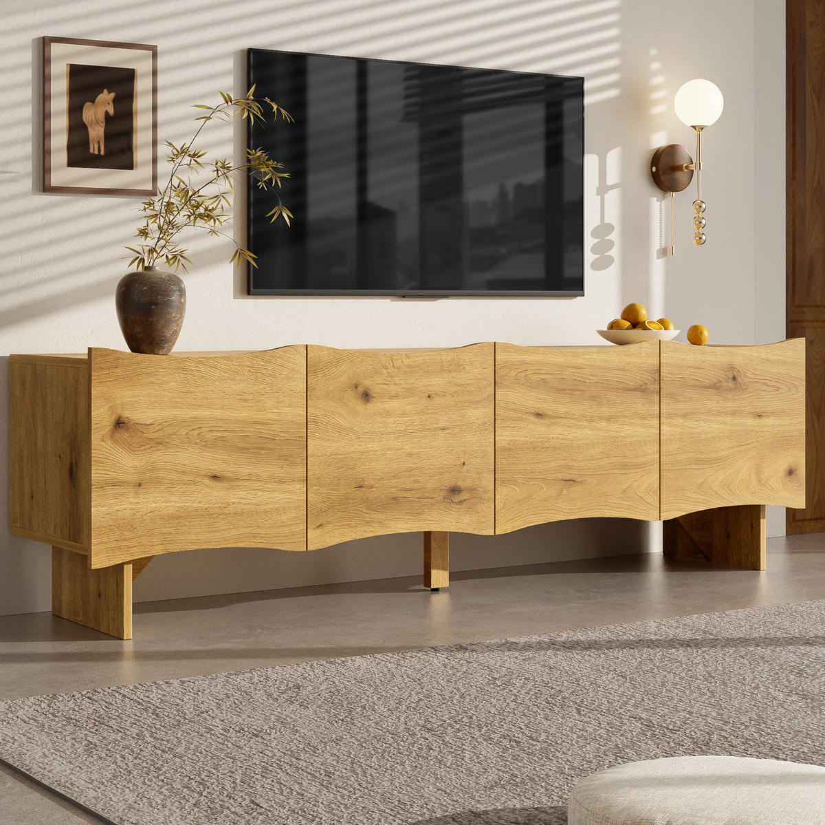 LOWBOARD 155/36/47 cm aus Spanplatte mit Wellenmuster und Kabelmanagement Naturfarben - Eichefarben, Holzwerkstoff (155/47/36cm) - Modenvie