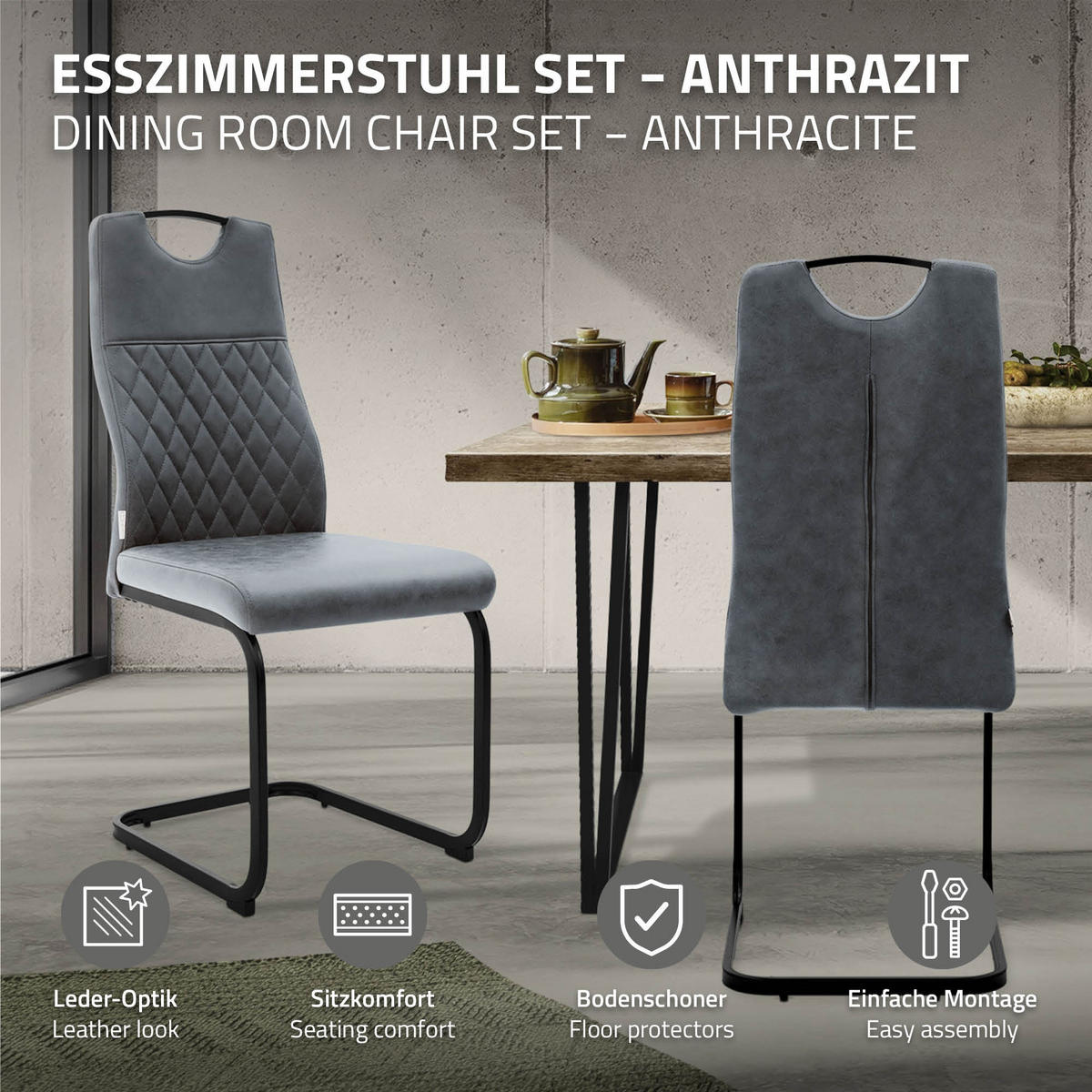 JÍDELNÍ ŽIDLE, sada 2 ks, židle s volným podnožím z umělé kůže, antracitové, s ocelovým rámem - černá/antracitová, kov/textil (56/101/56cm) - ML-DESIGN