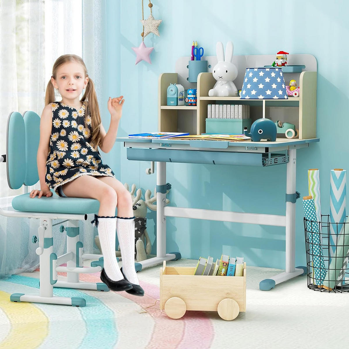KINDERSCHREIBTISCH Höhenverstellbarer blau - Blau, Metall (80/88/51cm) - COSTWAY