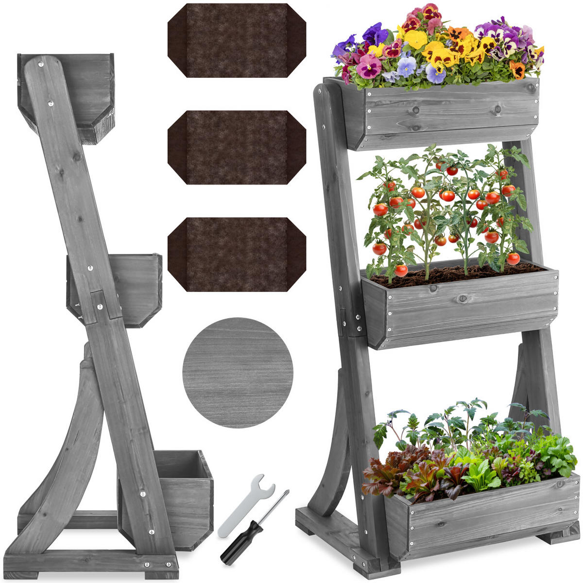 VERTIKALBEET Flora,inklusive Pflanzvlies, 60 x 49 x 140 cm,grau - Grau, Holz (60/140/49cm) - tectake