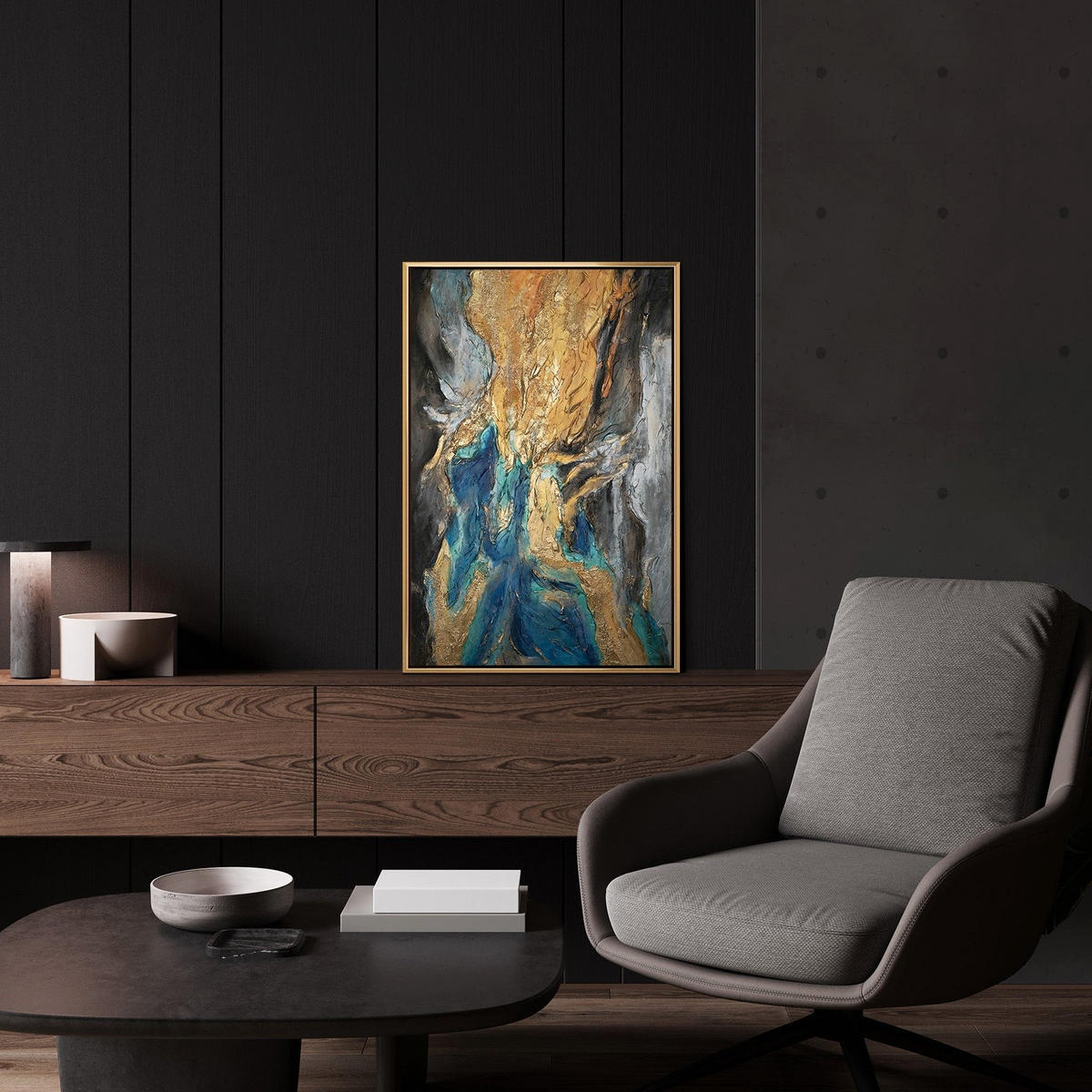 GEMÄLDE Abstrakte Symphonie Schattenfugenrahmen Gold 60x40 cm - Goldfarben, Holz (60/40cm) - YS-art gallery