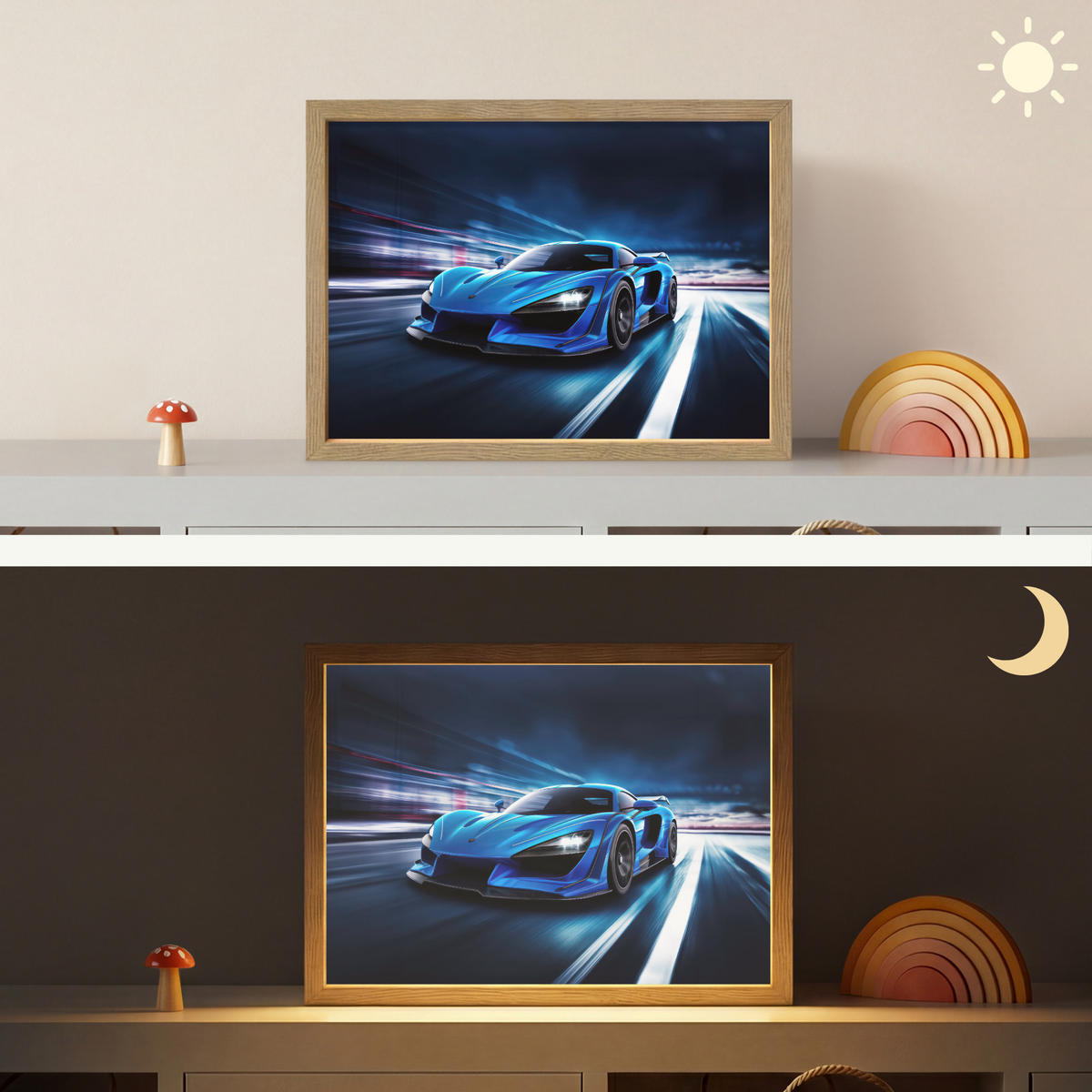 NÁSTĚNNÁ LAMPA S AKUMULÁTOREM Auto - Modrá - Chlapci - Dítě 40x30 cm - modrá, kompozitní dřevo (40/30/8cm) - OnlyWow