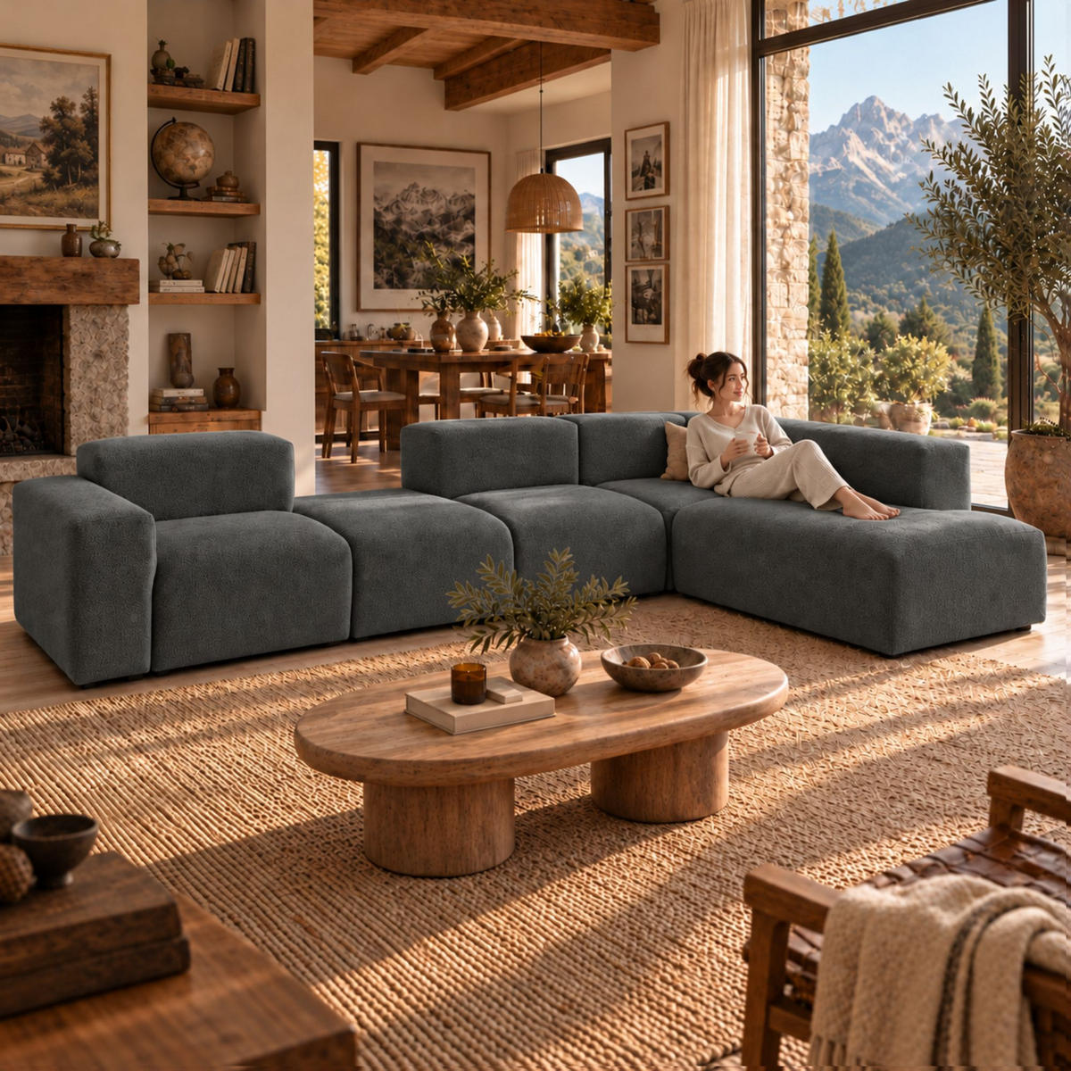 5-SITZER modulares Ecksofa HEAVEN SET 5 Rechts, Breite 380 cm Webstoff Dunkelgrau - Dunkelgrau/Schwarz, Holz/Kunststoff (245/380cm) - Muffo