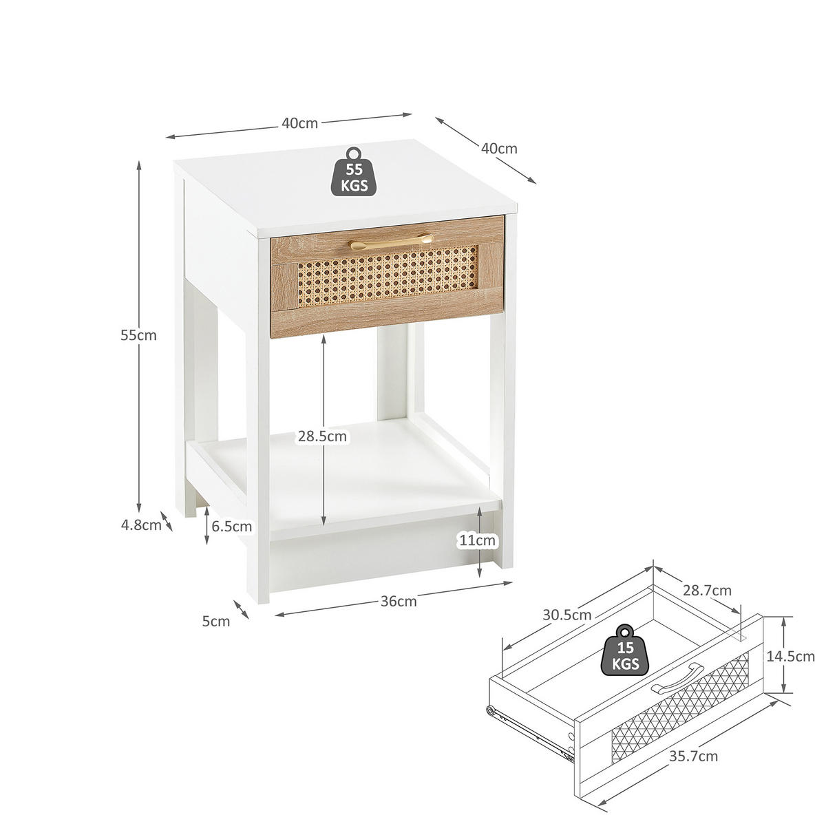 NACHTTISCH weiß rattan nachttisch mit schublade - Weiß, Holzwerkstoff (40/55/40cm) - Urban Meuble