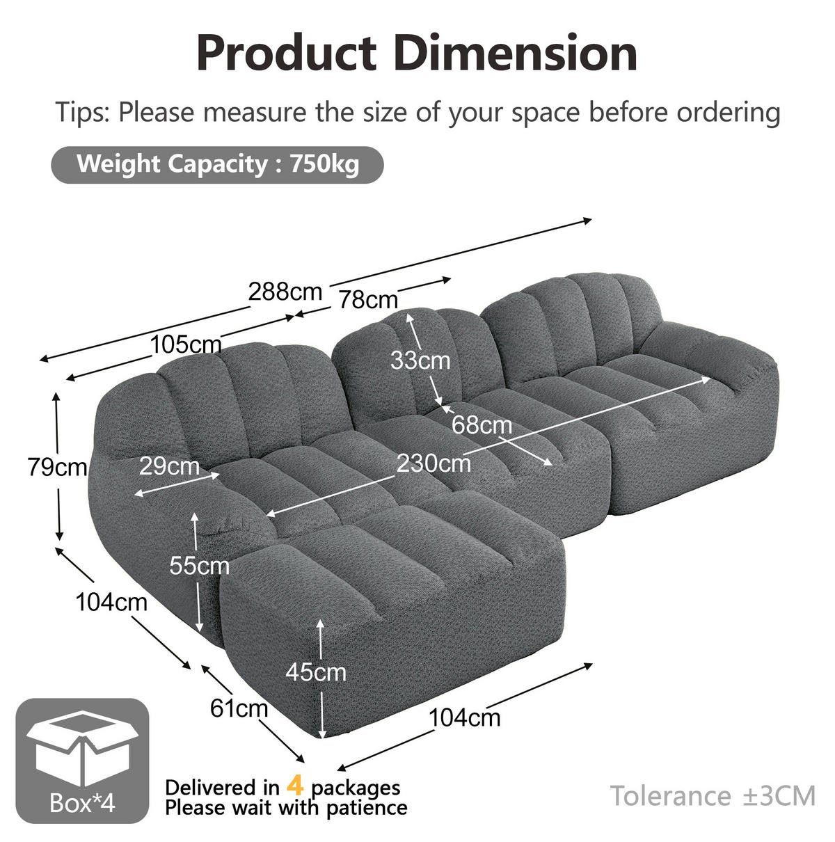 ECKSOFA 288/165/79 grau aus Fleece mit Ottoman und modularem Aufbau - Grau, Textil (165/288cm) - OKWISH