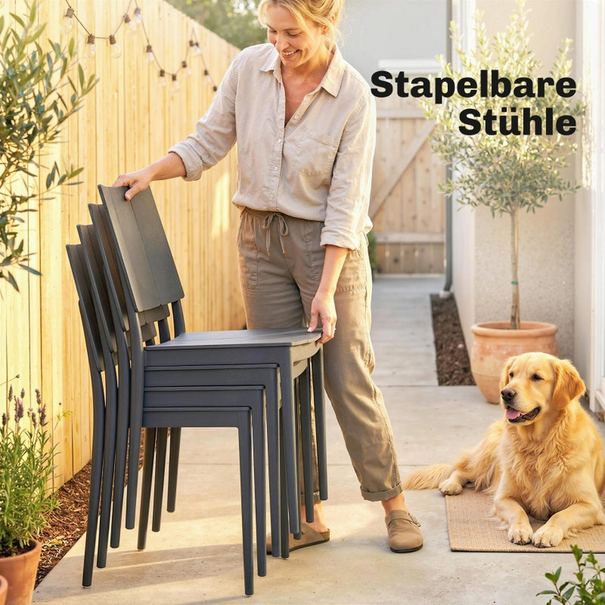 GARTENMÖBEL,BREITER Tisch+4 Stapelstühle,dunkelgrau - Grau, Metall - Vallsero