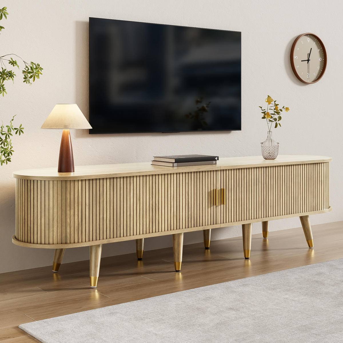 TV Lowboard 2 Schiebetüren, 2 Schubladen, Eiche - Braun, Holz (175/45/38cm)