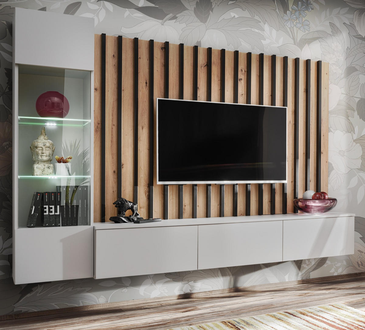 WOHNWAND grau, Artisan Eiche 220 cm, Schrankwand mit LED Beleuchtung - Eiche Artisan/Grau, Glas/Holzwerkstoff (200/148/35cm) - Furn.Design