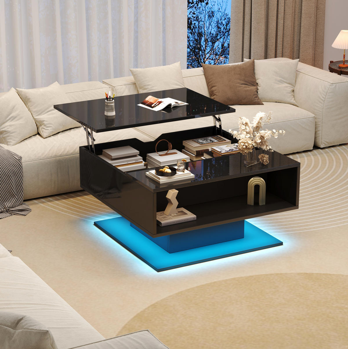 COUCHTISCH aus Spanplatte 80x75x40 cm Schwarz mit Hubfunktion, Stauraum und LED-Beleuchtung - Schwarz, Holzwerkstoff (75/80/40cm) - IVMEU