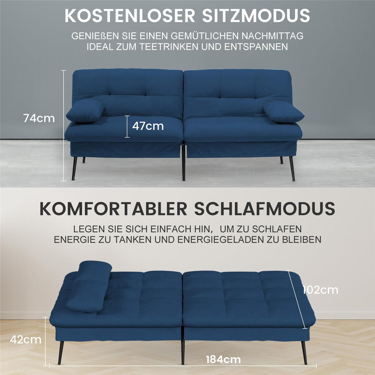 SCHLAFSOFA 3-Sitzer Gästebett mit Stoffbezug, Blau - Blau, Textil (174/42/102cm) - Kaket