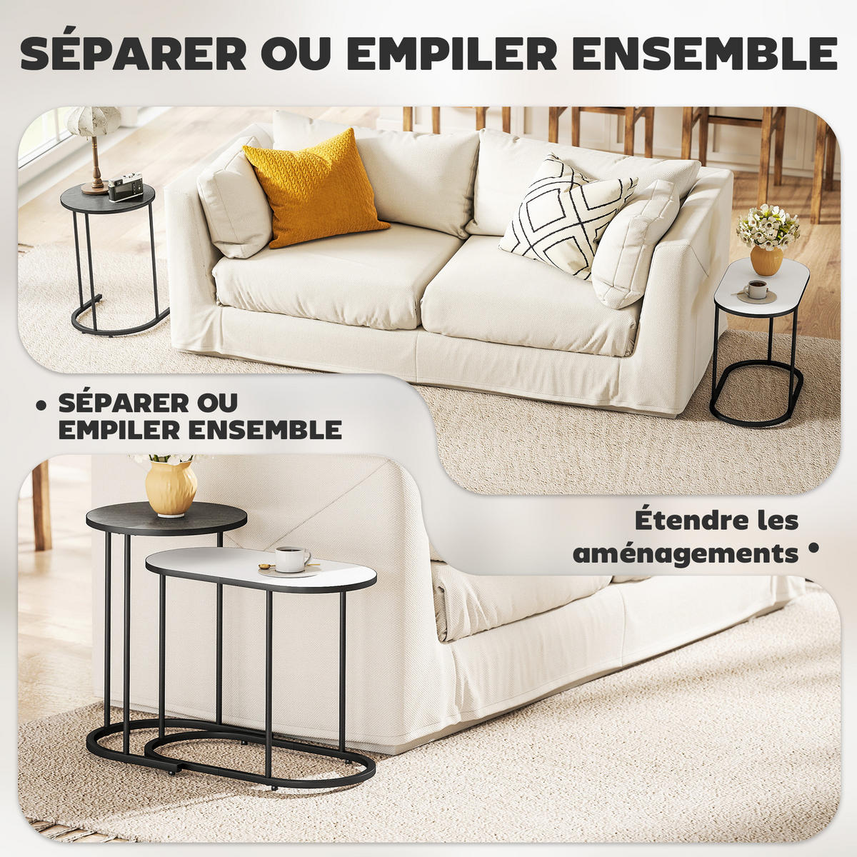 COUCHTISCHE 2er-Set Grau Weiß Schwarz - Grau, Metall (38/38/54.5cm) - PANGIVO