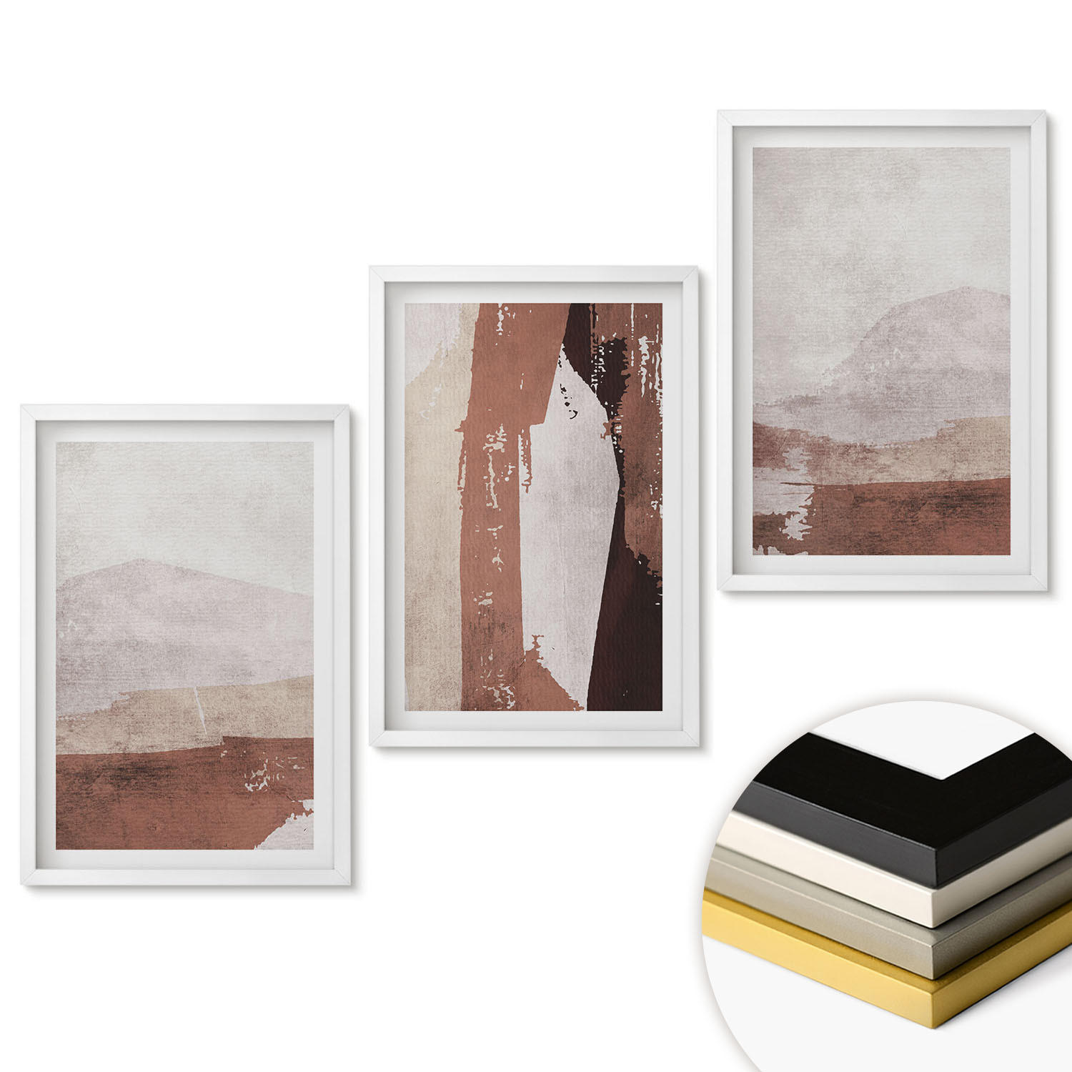WANDBILDER 3er-Set - 40x60 cm Weißer Rahmen - Braun-beige abstrakte Muster - Weiß, Kunststoff (40/60cm) - ArtPrintCave