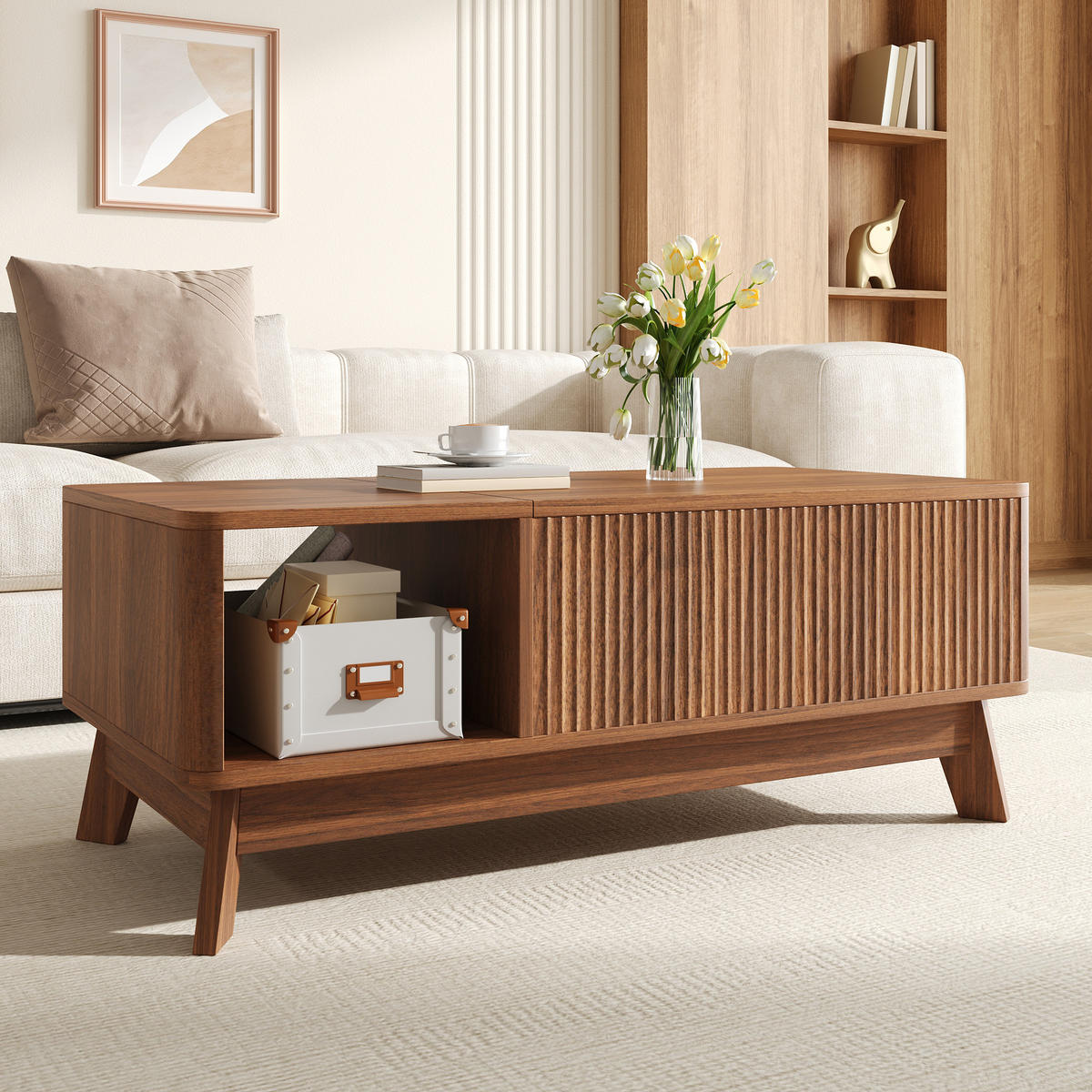 COUCHTISCH Hubfunktion Wellenoptik MDF Stauraum modern - Walnussfarben, Holzwerkstoff (95/48/50cm) - FLIEKS