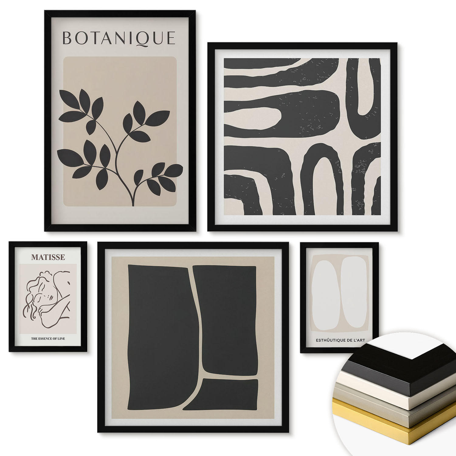 WANDBILDER 5er-Set - 50x50 cm & 20x30 cm & 40x60 cm Schwarzer Rahmen - Matisses stilvolle Pflanzenbilder - Schwarz, Kunststoff (40/60cm) - ArtPrintCave