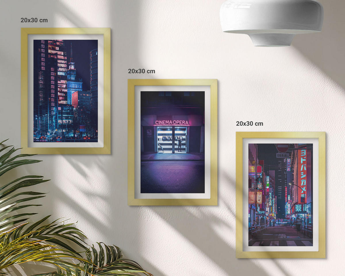 BILDER SET 3er Set - 20x30 cm Goldrahmen - Neon-Eingang zur nächtlichen Stadt - Goldfarben, Kunststoff (20/30cm) - TULUP