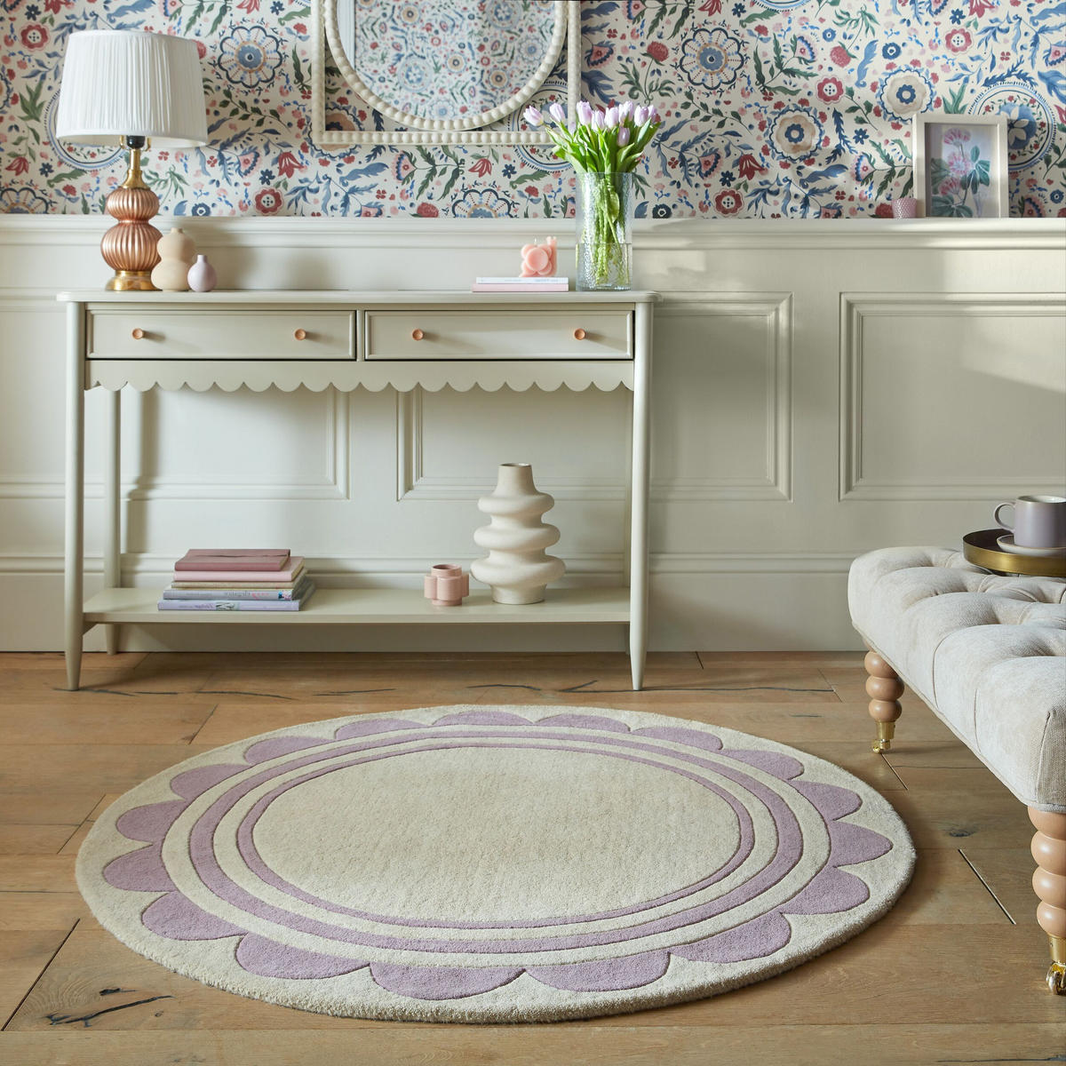 WOLLTEPPICH Grafisches Muster, Rahmen, Wohnzimmer schmutzabweisend Lila-Beige Rund 120x120 - Lila, Textil (120/120cm) - KADIMA DESIGN