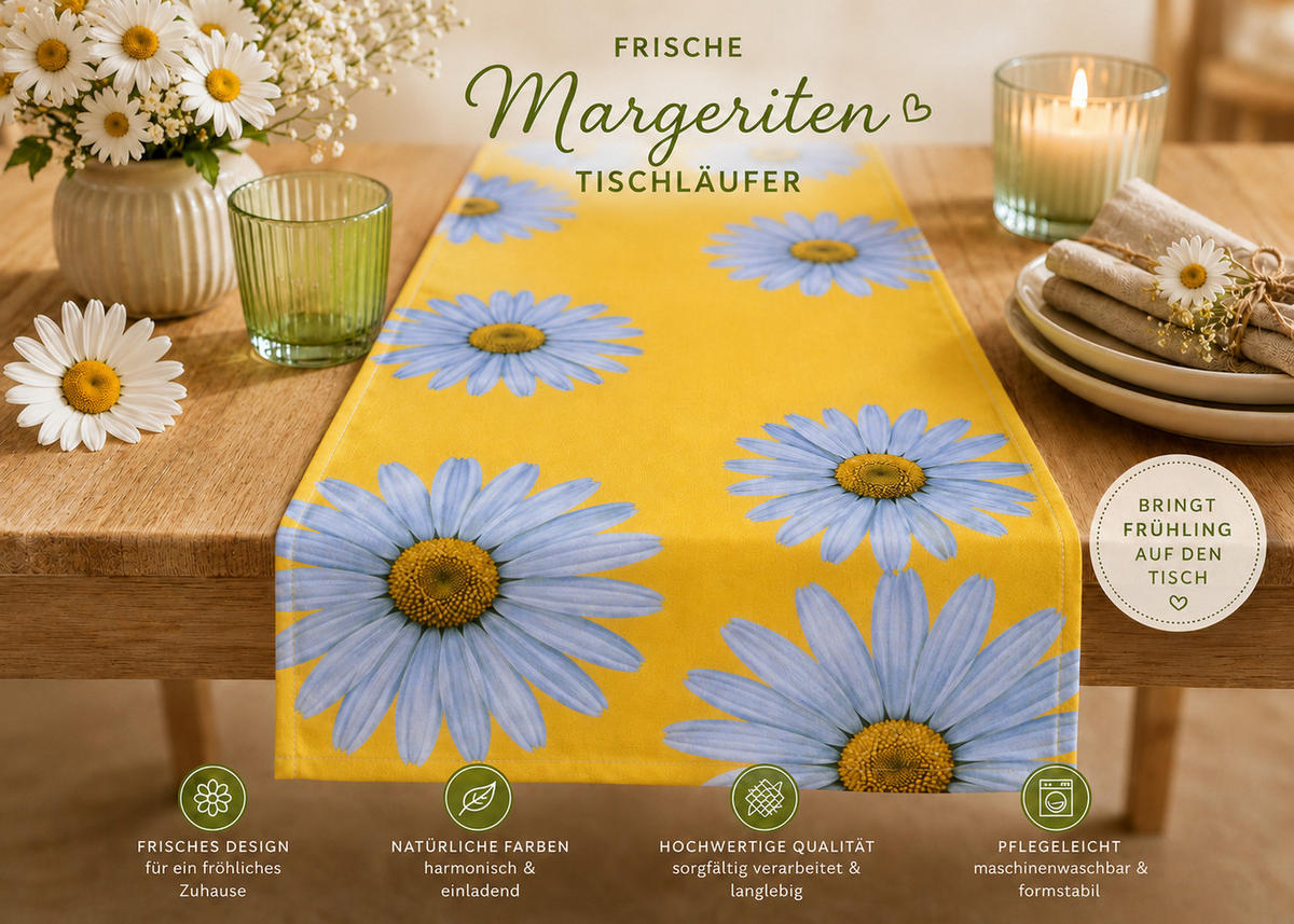 TISCHLÄUFER 40/140 cm Gelb Margeriten Frühling Sommer - Gelb, Textil (40/140cm) - TiborTex