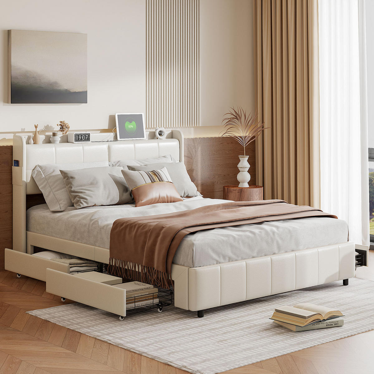 POLSTERBETT 140x200 cm, Weiß, mit USB, 4 Schubladen, LED - Weiß, Textil/Metall (140/200cm)