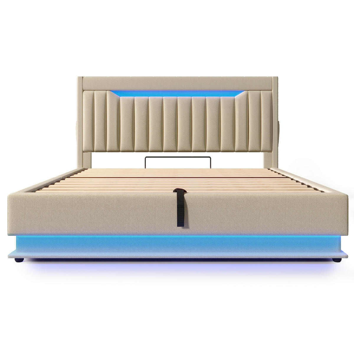 POLSTERBETT 160/200 cm Beige aus Leinen mit Stauraum, LED und USB-/Type-C-Anschlüssen - Beige, Textil (160/200cm) - Flora Grace