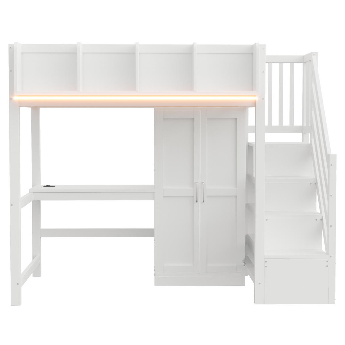 HOCHBETT 90x200 cm in Weiß mit Schreibtisch, Kleiderschrank, LED und Stauraumtreppe - Weiß, Holz (90/200cm) - IVMEU