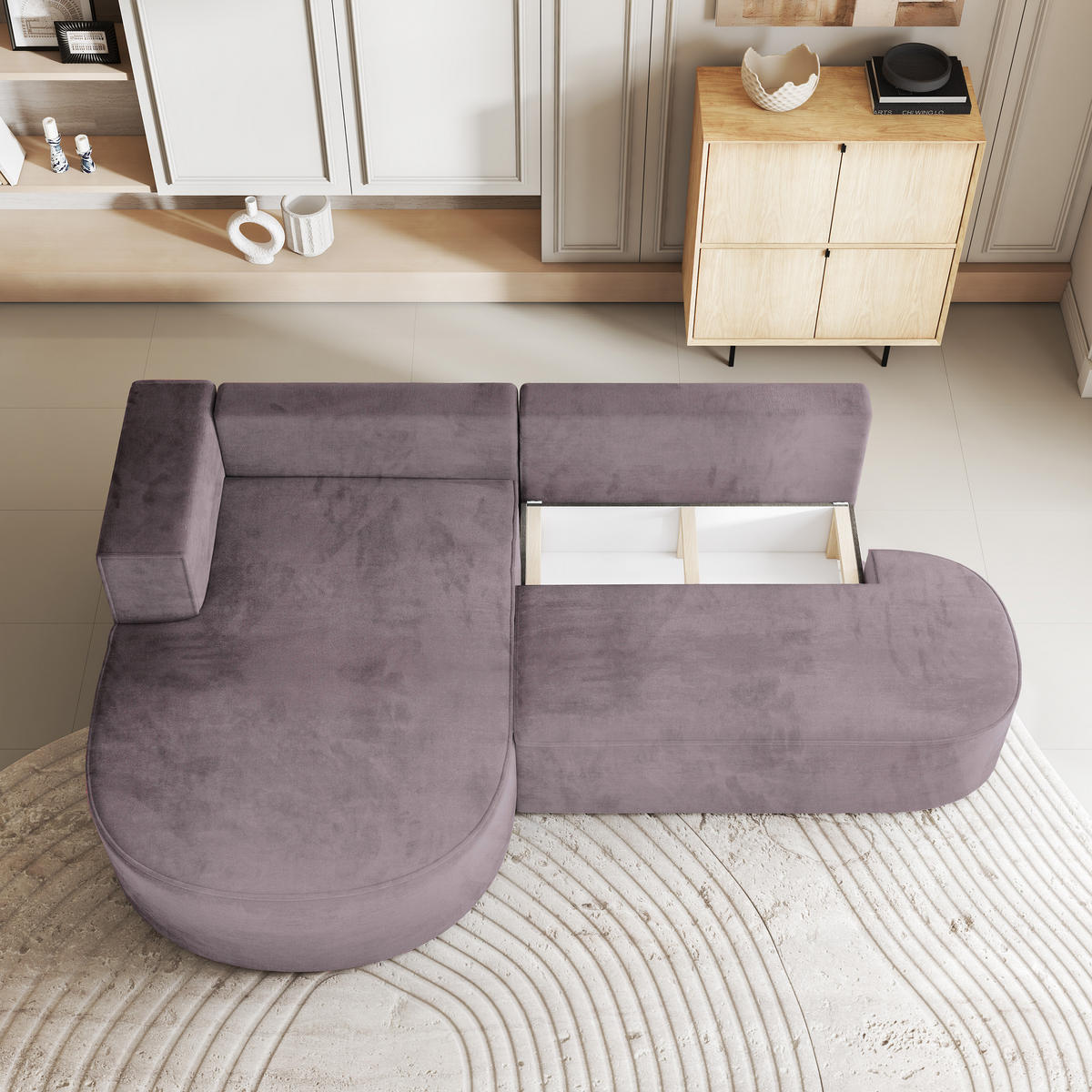 ECKSOFA CORTIO M L-S Lila Velours-Stoff mit Schlaffunktion - Lila, Holz (265/174cm) - MASSENO