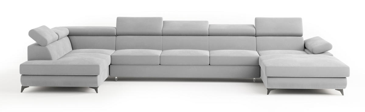 WOHNLANDSCHAFT MONTIVA Hellgrau Velours-Stoff mit Schlaffunktion - Hellgrau, Holz (410/89/190cm) - MASSENO