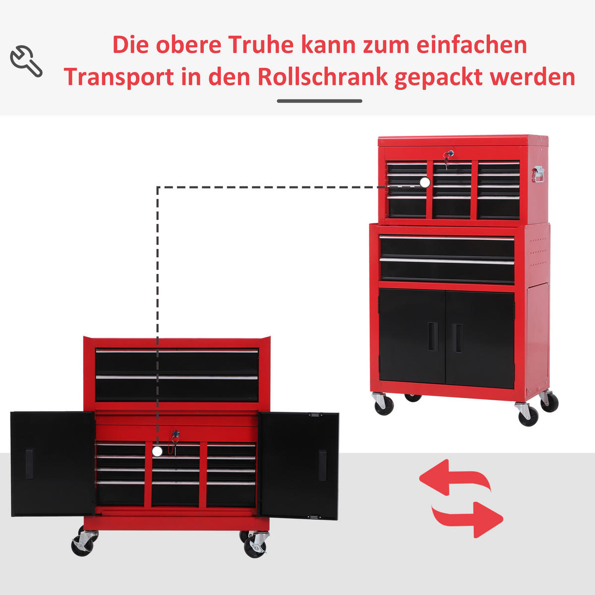WERKSTATTWAGEN mit Werkzeugkasten 2 Schlüssel Metall Rot+Schwarz - Multicolor, Metall (61.6/108/33cm) - HOMCOM