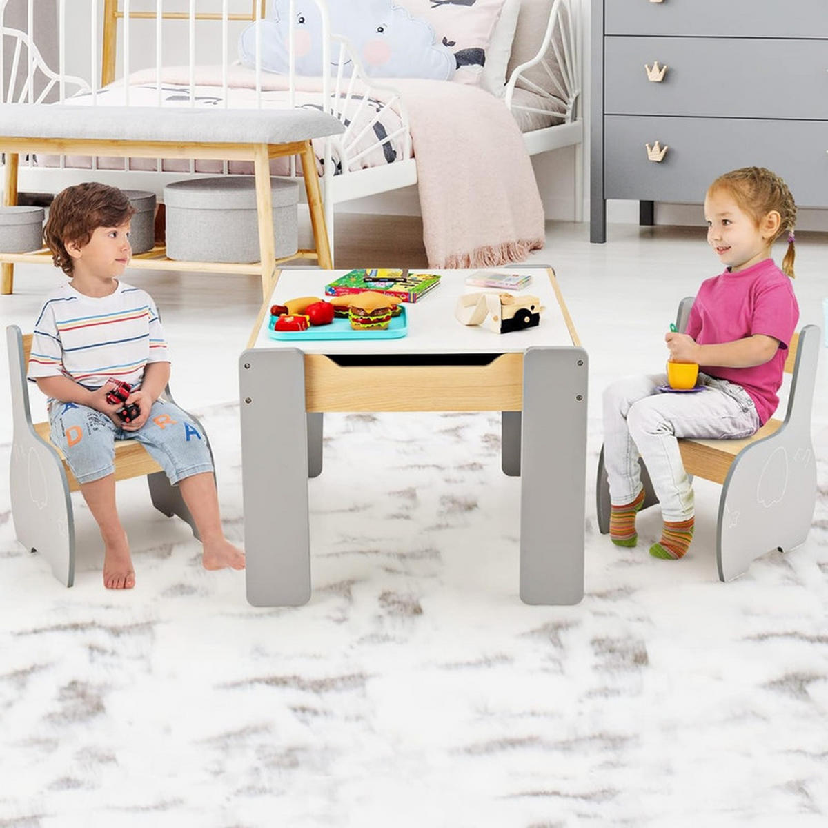 KINDERTISCH mit Stuhl grau(3-tlg) - Grau, Holzwerkstoff (63.5/48/61.5cm) - COSTWAY