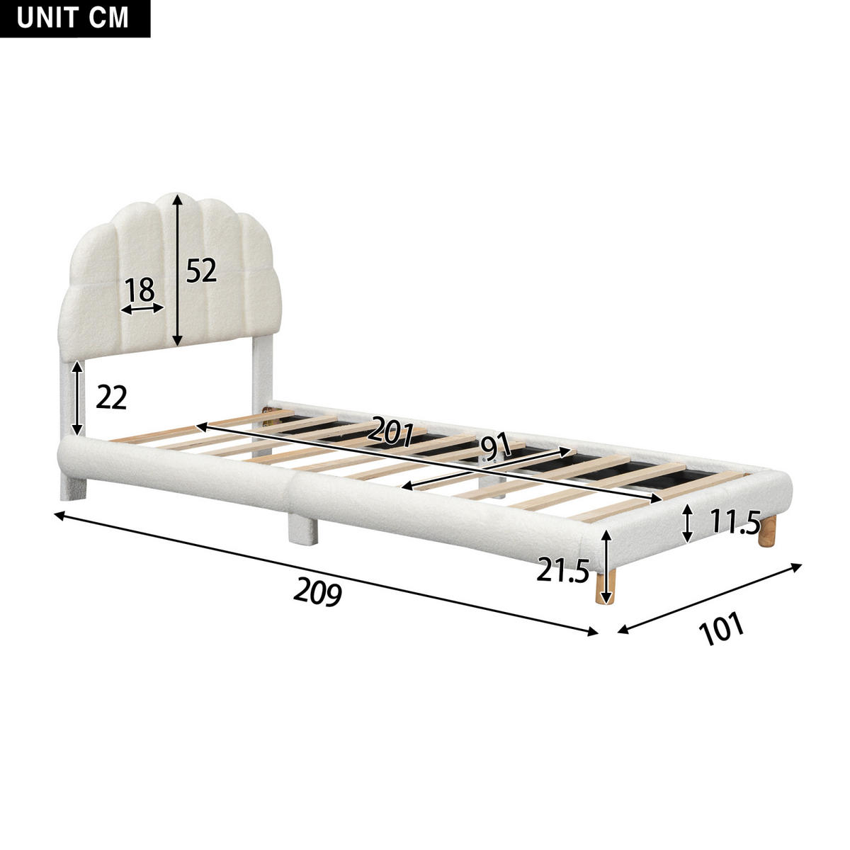 KINDERBETT 90/200 cm Weiß Einzelbett Plüsch mit niedlichem Kopfteil - Weiß, Holz/Textil (90/200cm) - PARAFTA HOME